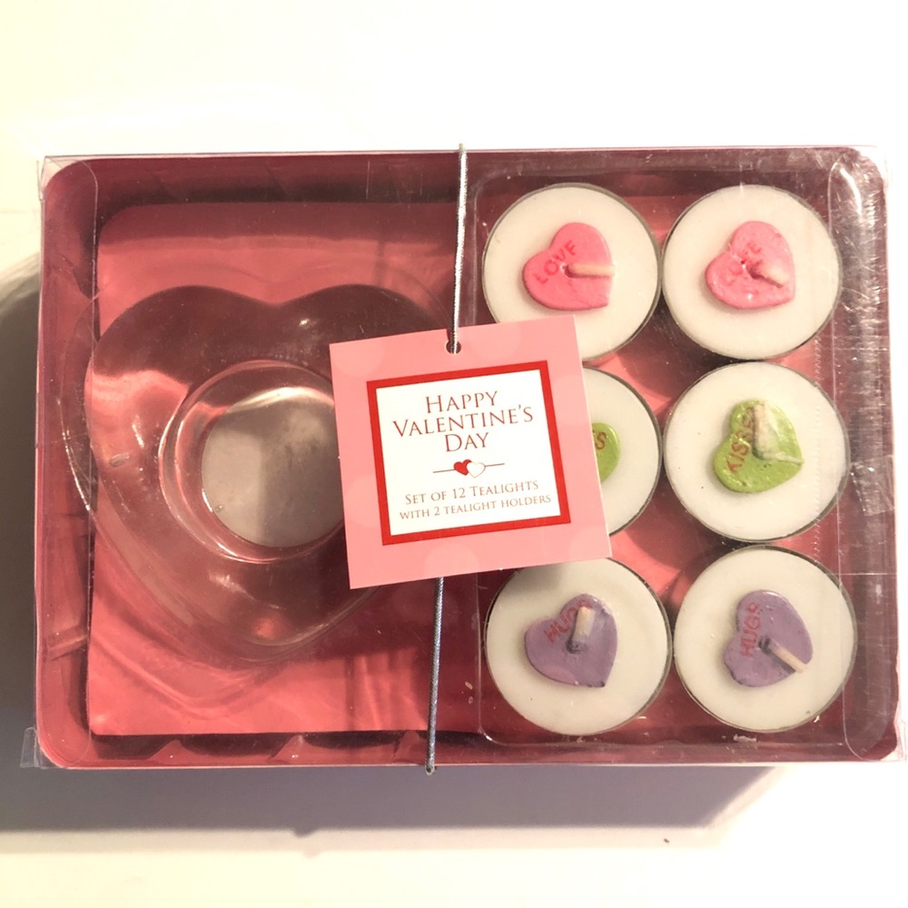 VALENTINE Set of 12 “Candy Hearts” Tea-lights with 2 Clear Glass Holders